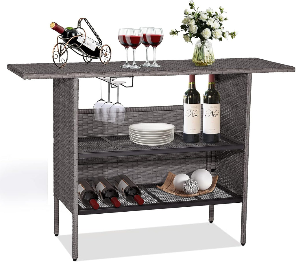 Giantex Outdoor Patio Wicker Bar Table, 2 Storage Shelves, 55''W Tabletop, Rails for Hanging Wine Glasses, Heavy-Duty Metal Frame, Bistro Rattan Bar Counter Table for Poolside Backyard (Mix Gray)