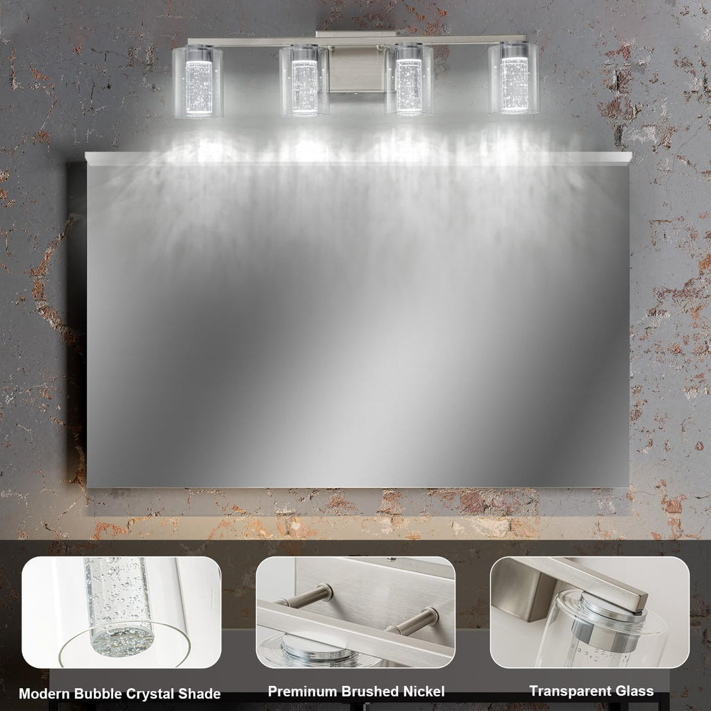 SineRise 4-Light Brushed Nickel Vanity Light with 3 Color Modes (3000K/4000K/6000K), Eye Protection LED Bathroom Light Fixture, Dimmable Modern Wall Light Over Mirror with Clear Glass Shade