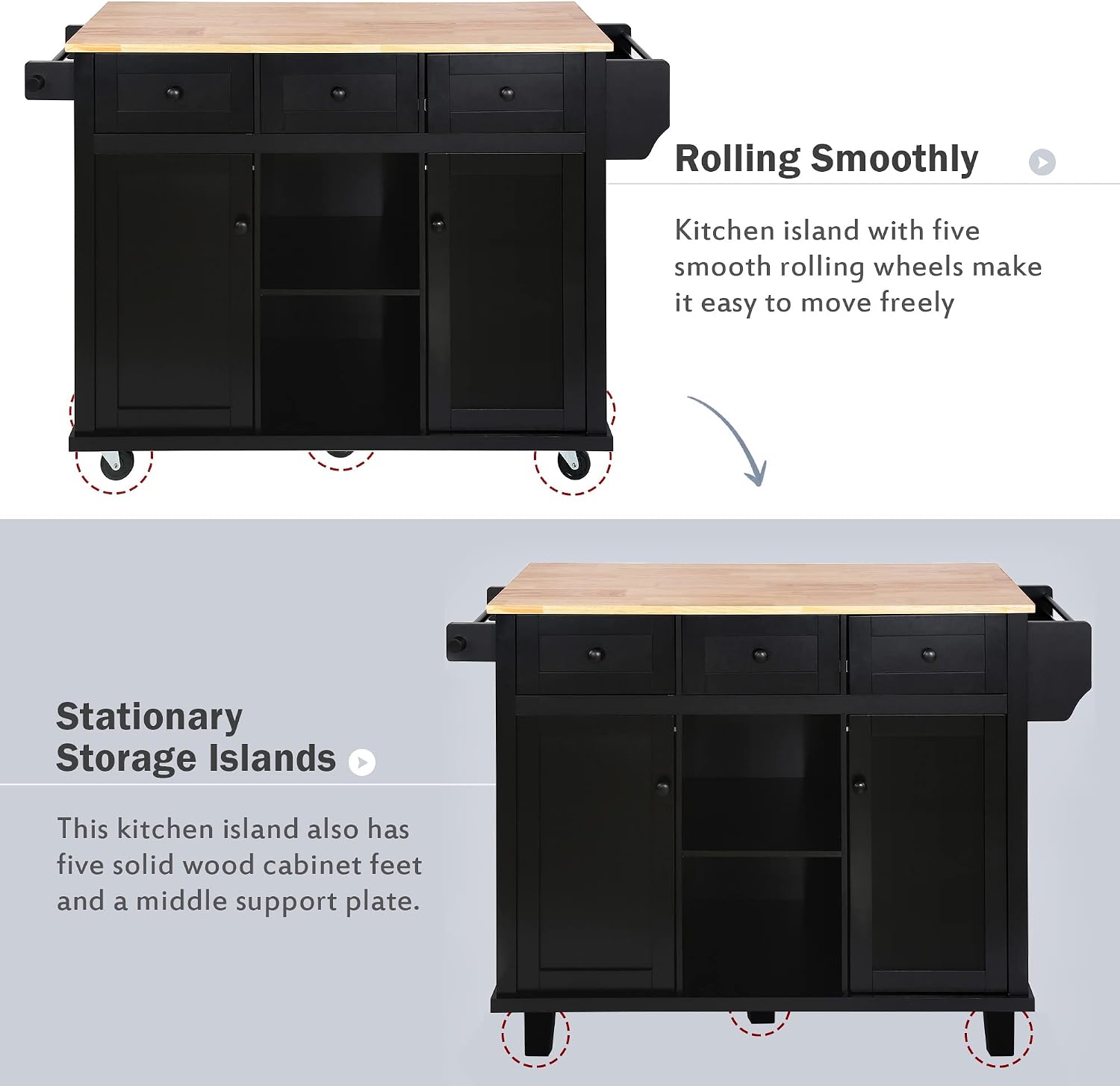 Kitchen Cart with Rubber Wood Drop-Leaf Countertop,Cabinet Door Internal Storage Racks,Kitchen Island on 5 Wheels with Storage Cabinet and 3 Drawers for Dinning Room, Black