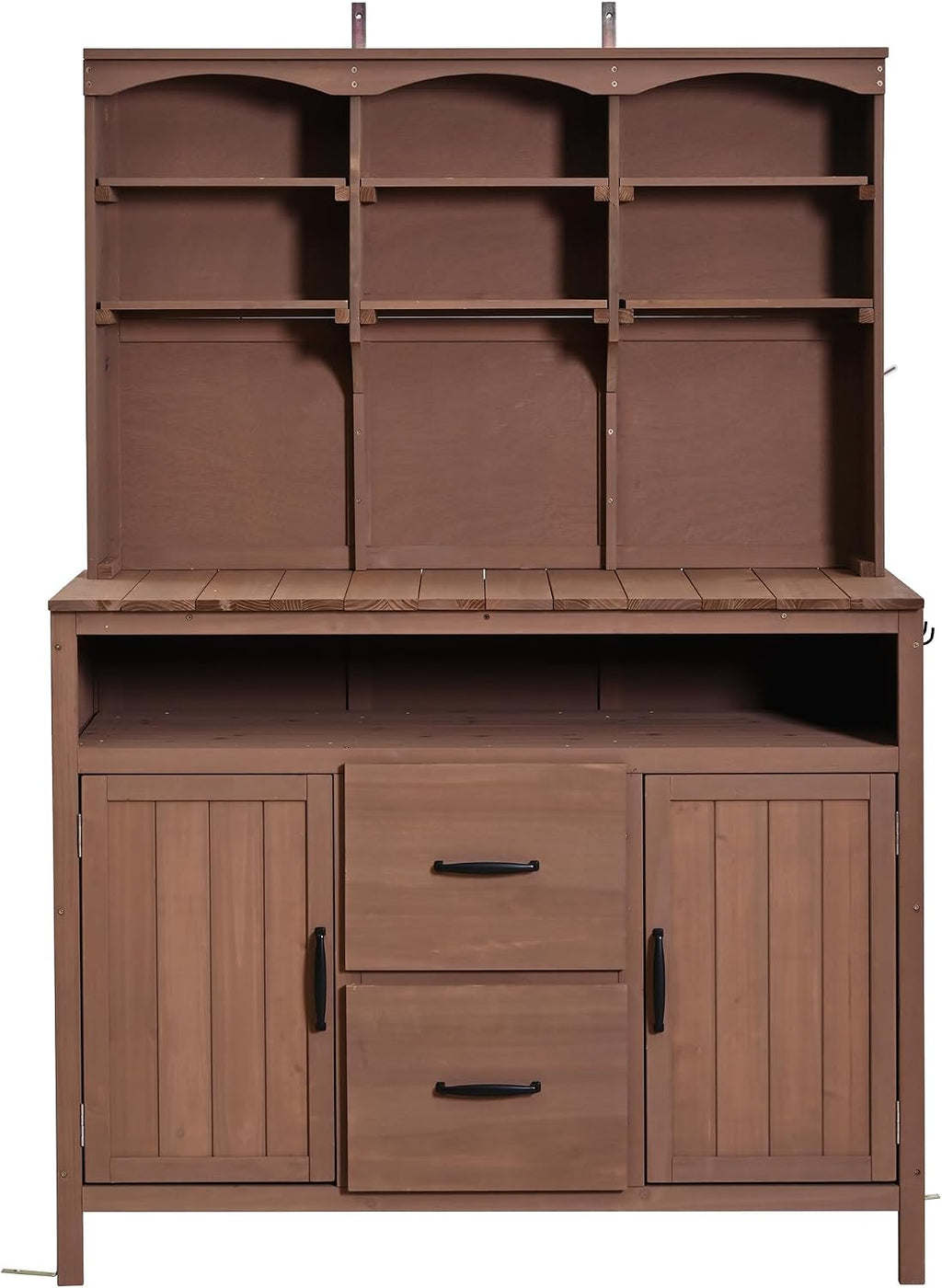 45.3''L Large Fir Wood Potting Bench, Counter Height Outdoor Patio Kitchen Island with Large Countertop, Hutch, Cabinets, Drawers & Hooks, Adjustable Shelf, Wavy Decoration Roof (Brown/103)