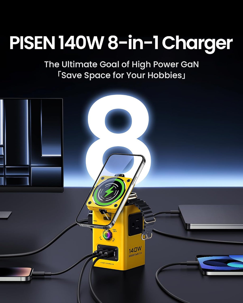 PISEN 8-in-1 Mag-Safe Charger Stand - 140W Charging Station for Multiple Devices Mag-Safe Stand Magnetic Qi2 Wireless Charger for iPhone 17/16/15/14/13/12, Magnetic Charger for Apple Watch (Yellow)