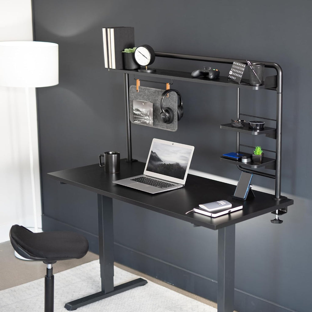 VIVO Clamp-on 50 inch Desktop Shelving System for Sit Stand Workstation, Raised Accessory Storage Shelves and Magnetic Memo Board Desk Organizer, Black, DESK-SHELF55A