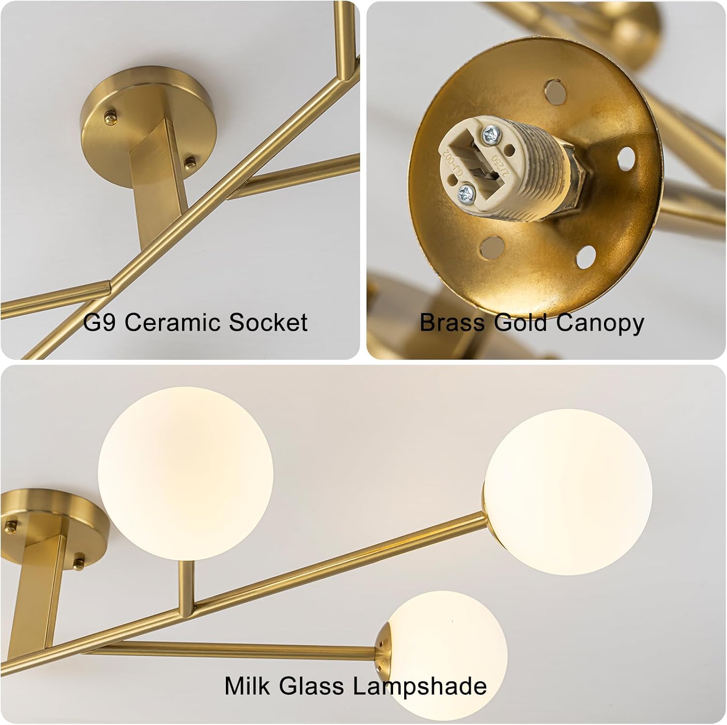 Lingkai 6-Light Gold Sputnik Semi Flush Mount Ceiling Light, 47.2' Modern Globe Milk Glass Bubble Chandeliers Ceiling Light Fixture with Ceramic Base for Kitchen Island Living Room Dining Room Entry