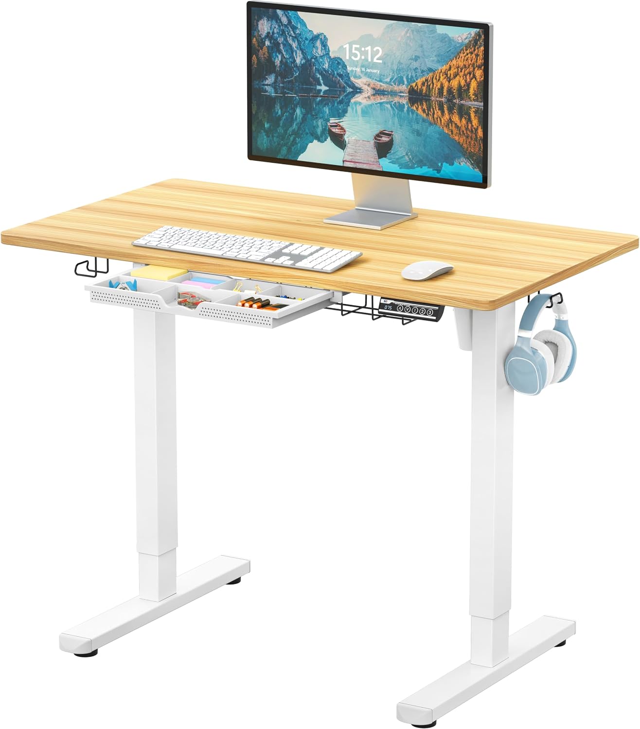 SHW 40-Inch Electric Height Adjustable Standing Desk with Drawer, Memory Preset and Cable Management Tray, Oak