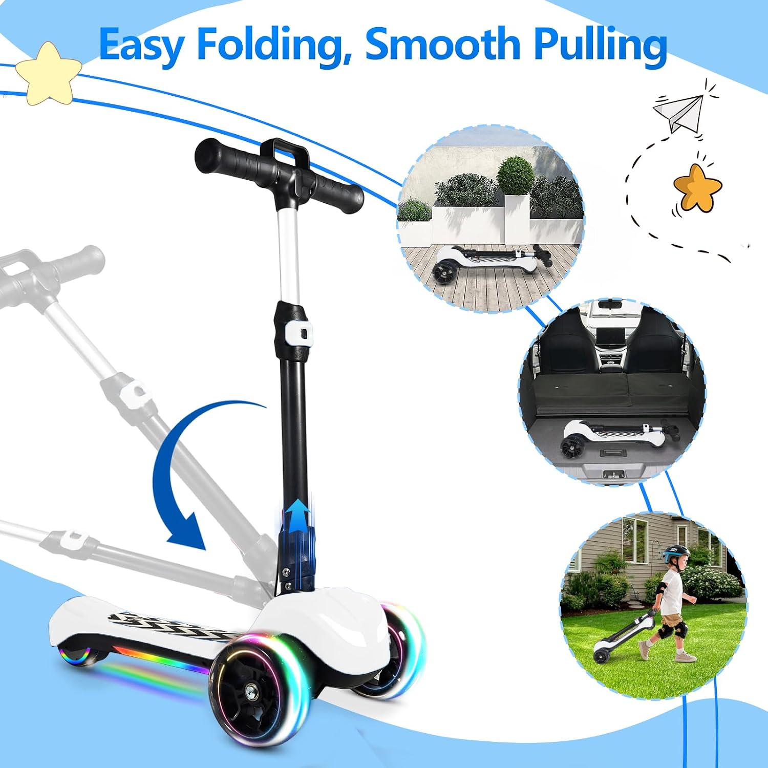 Electric Scooter for Kids Ages 3-12, Full Body Lights Up, Wide Deck, 3 Adjustable Heights, 5MPH Safe Speed, 90min Riding, Foldable 3 Wheel Electric Scooter for Kids Boys Girls Toddler