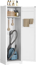 DWVO Broom Closet Storage Cabinet, Wooden Organizer for Mops, Brooms, and Bucket Vacuum Cleaners with Upper Shelf and Towel Hanging Options