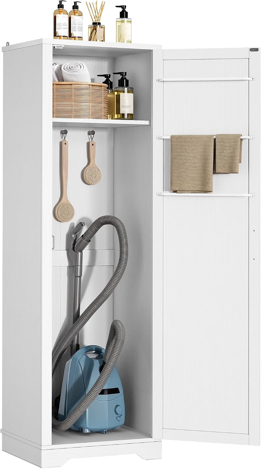 DWVO Broom Closet Storage Cabinet, Wooden Organizer for Mops, Brooms, and Bucket Vacuum Cleaners with Upper Shelf and Towel Hanging Options