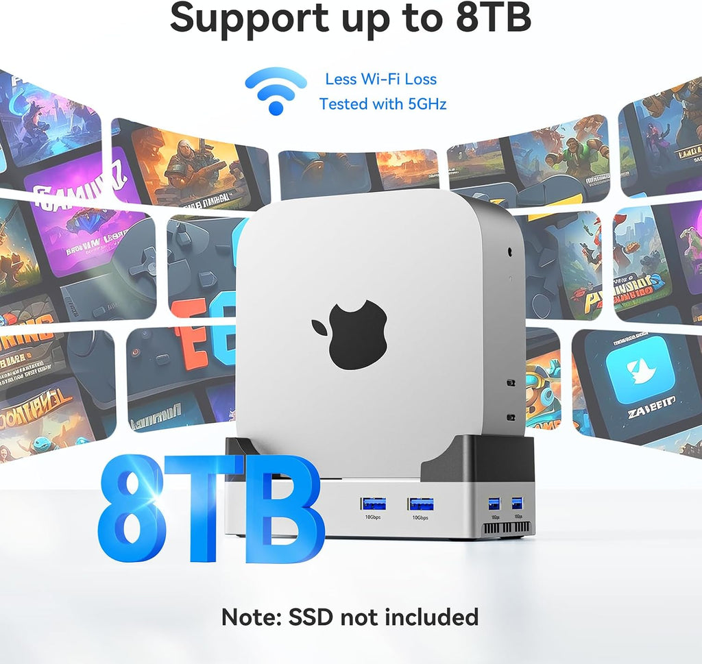 ANYOYO Mac mini M4 Dock, 40Gbps Docking Station Stand with 8TB M.2 NVMe SSD Enclosure, Dual HDMI 4K@60Hz, 4×USB-A (10Gbps), 2×USB-A 2.0, PD30W, Wi-Fi Friendly Design, USB Hub for Mac mini M4&M4 Pro