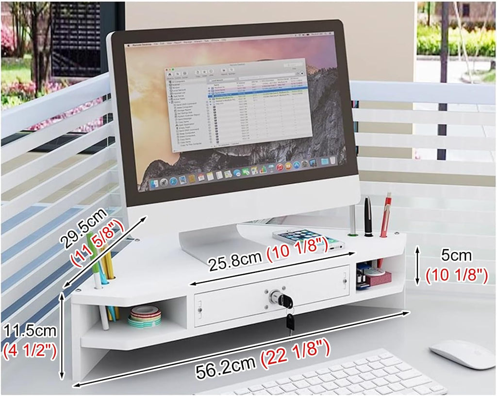 White Triangular Monitor Stand with Drawer 2-Tier Wooden DeskAdjustable Computer Riser for Home Office Space-Saving Desk Storage Solution.