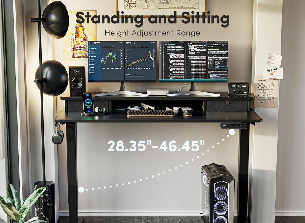FEZIBO 63 x 28 Inch Deeper Height Adjustable Electric Standing Desk with Double Drawers, Sit Stand Up, Home Office Computer Desk with 4 Height-Adjustable Feets & 2 Hooks, Black Frame/Black Top