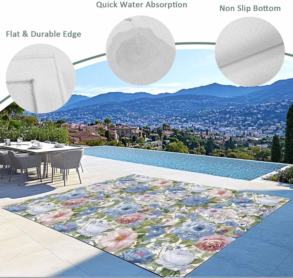 Blue Pink Spring Floral Outdoor Rug for Patio/Deck/Porch, Non-Slip Large Area Rug 6 x 9 Ft, Vintage Summer Botanical Indoor Outdoor Rugs Washable Area Rugs, Reversible Camping Rug Carpet Runner