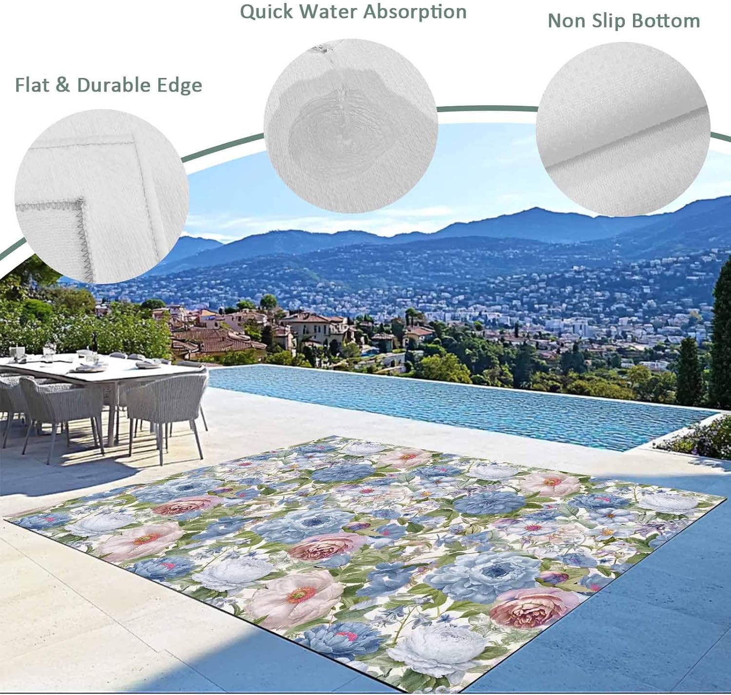 Blue Pink Spring Floral Outdoor Rug for Patio/Deck/Porch, Non-Slip Large Area Rug 6 x 9 Ft, Vintage Summer Botanical Indoor Outdoor Rugs Washable Area Rugs, Reversible Camping Rug Carpet Runner