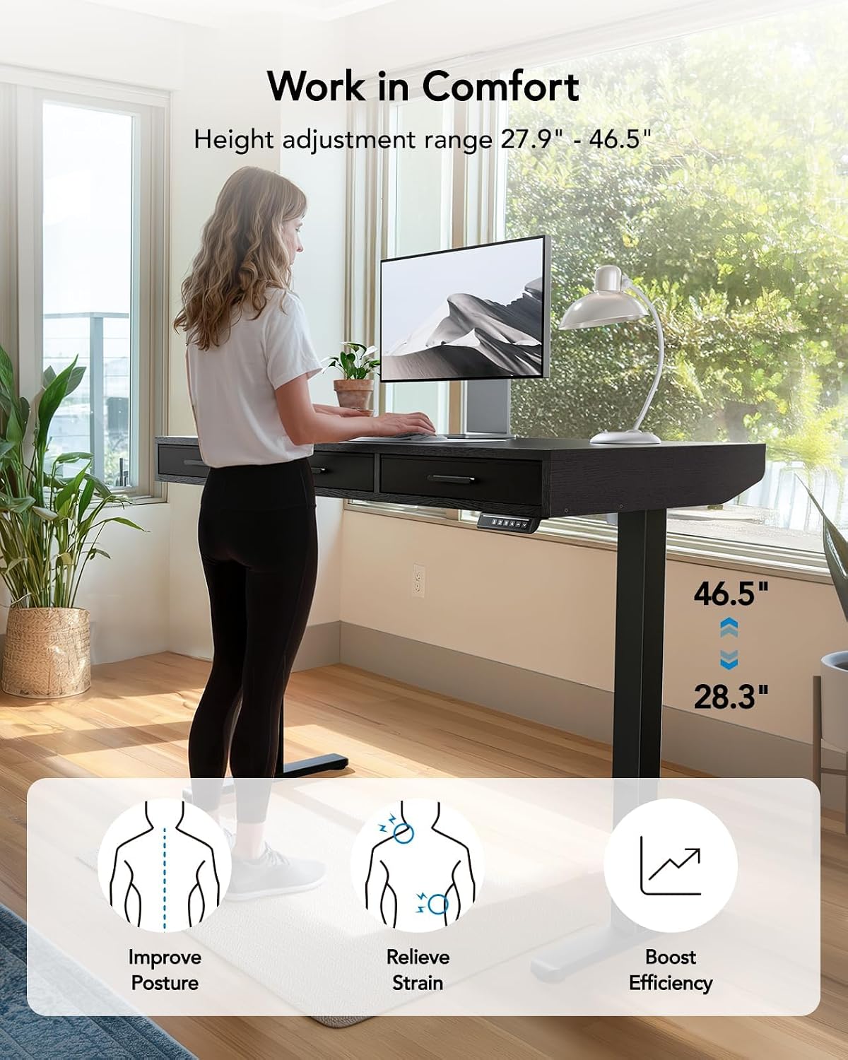 HUANUO Electric Standing Desk with Drawers, C-Clamp Mount Compatible, 40 x 22 Inch Height Adjustable Sit Stand Desk, Fabric Drawers, Home Office Stand Up Desk with 4 Custom Height Settings, Black