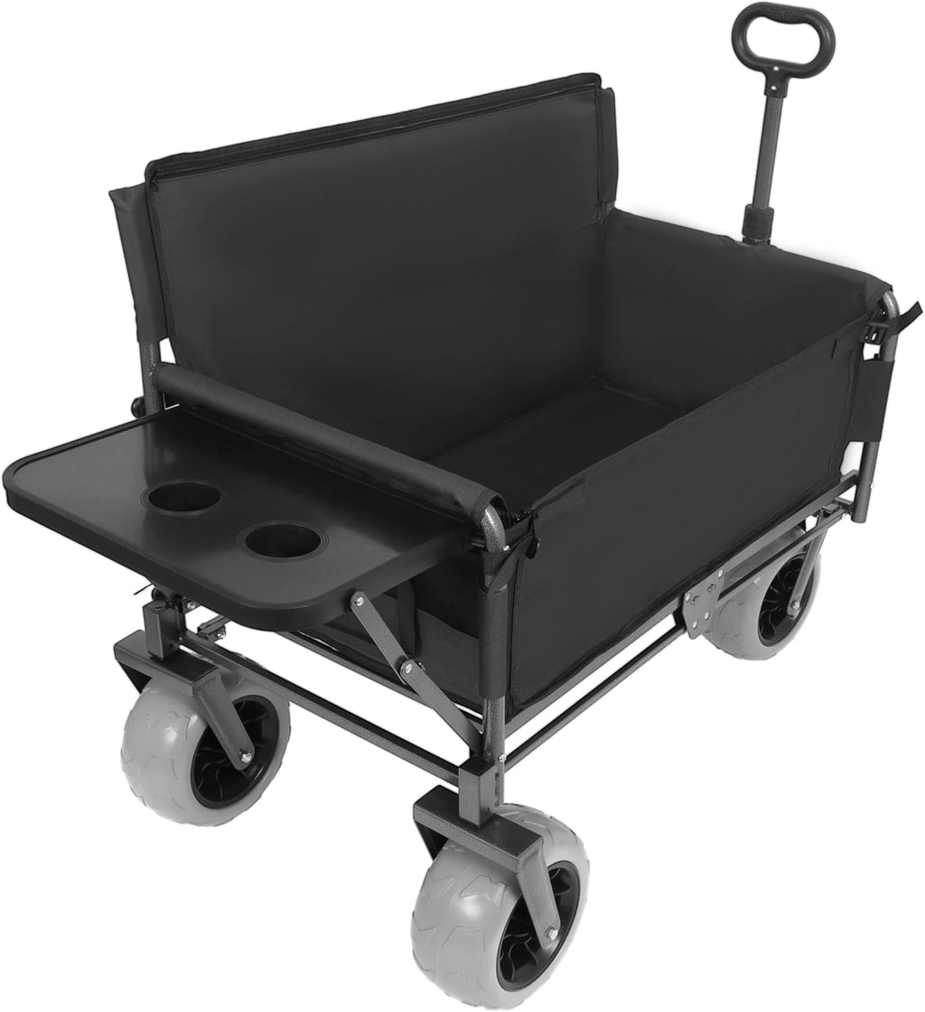 3-in-1 Folding Wagon with Bench Seat – 500lbs Capacity,Reinforced Carbon Steel Frame, 180L Cargo Space– Perfect for Camping, Beach, Outdoor Events & Heavy-Duty Hauling (Black + Cup Holder)