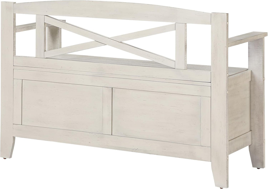 OSP Home Furnishings Metro Entry Way Storage Bench with X-Back, Distressed White Finish