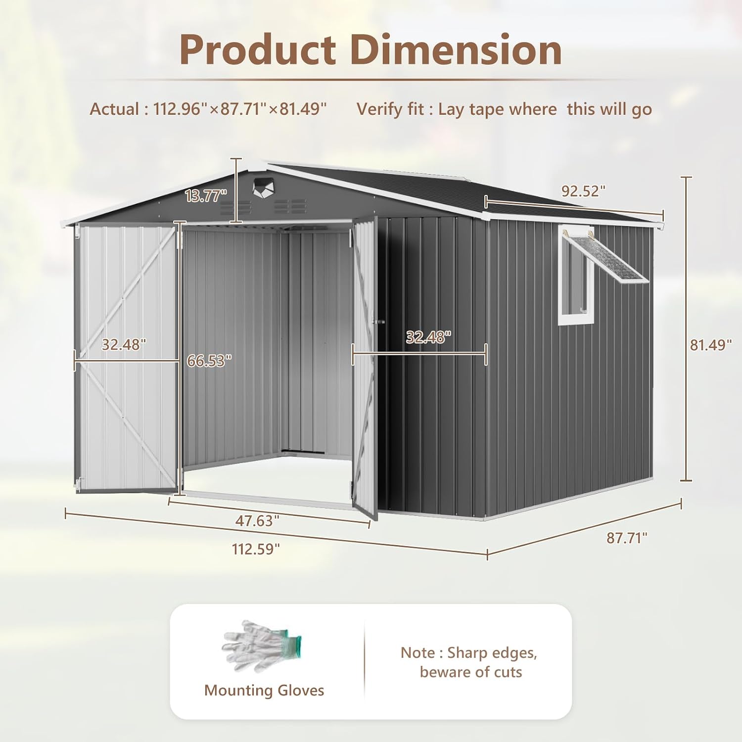 10x8 FT Outdoor Storage Shed, Metal Garden Shed - Tool Storage Sheds with Lockable Doors & 1 Vented Clear Window, Waterproof Outside Storage Building for Backyard, Patio (Black; Floor Not Included)