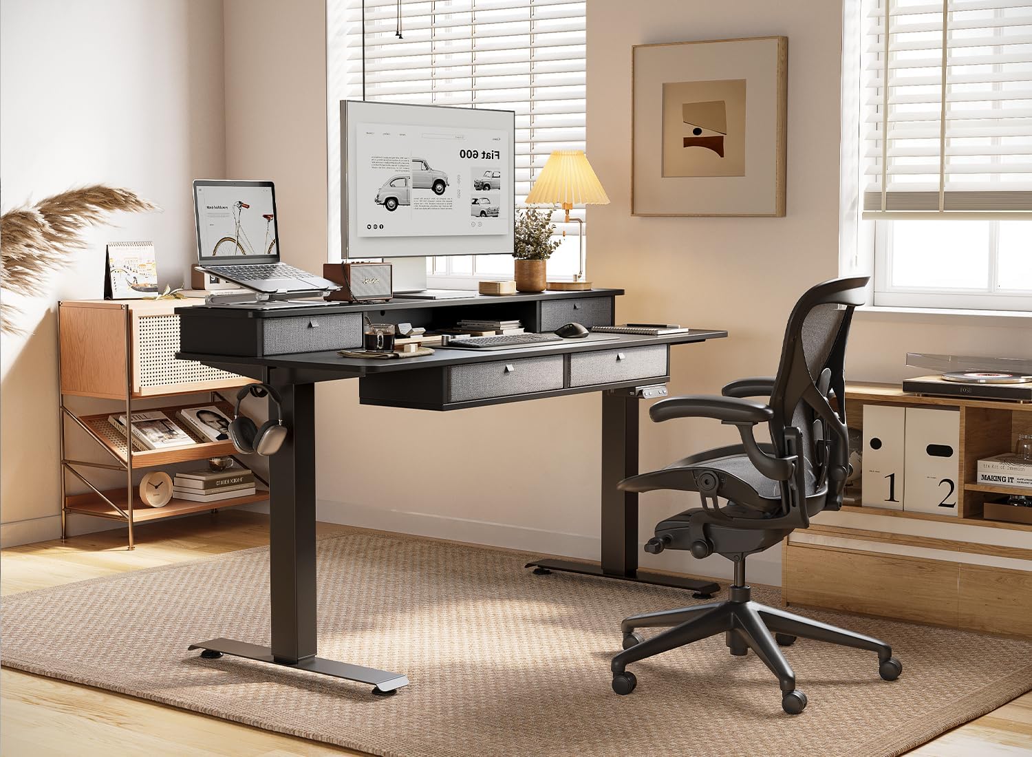 BANTI Height Adjustable Electric Standing Desk with 4 Drawers, 48 x 24 Inch Table with Storage Shelf, Sit Stand Desk, Black Top