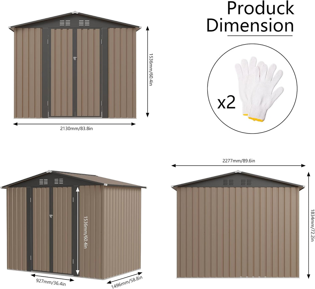 YOPTO 8x6 FT Outdoor Storage Shed,Waterproof Metal Cabinet with Apex Roof and Lockable,Storage Sheds House Shelter w/Vents,Tool House for Storing Bicycles,Lawnmowers,Brown