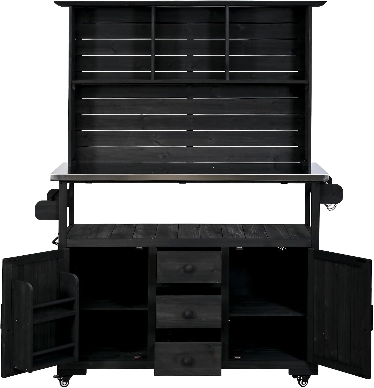 65''H Large Garden Potting Bench, Solid Fir Wood Outdoor Kitchen Island with Lockable Wheels, Stainless Steel top, Drawers, Shelf and Cabinets, Door Shelves and Hutch for Grilling (Black-113)