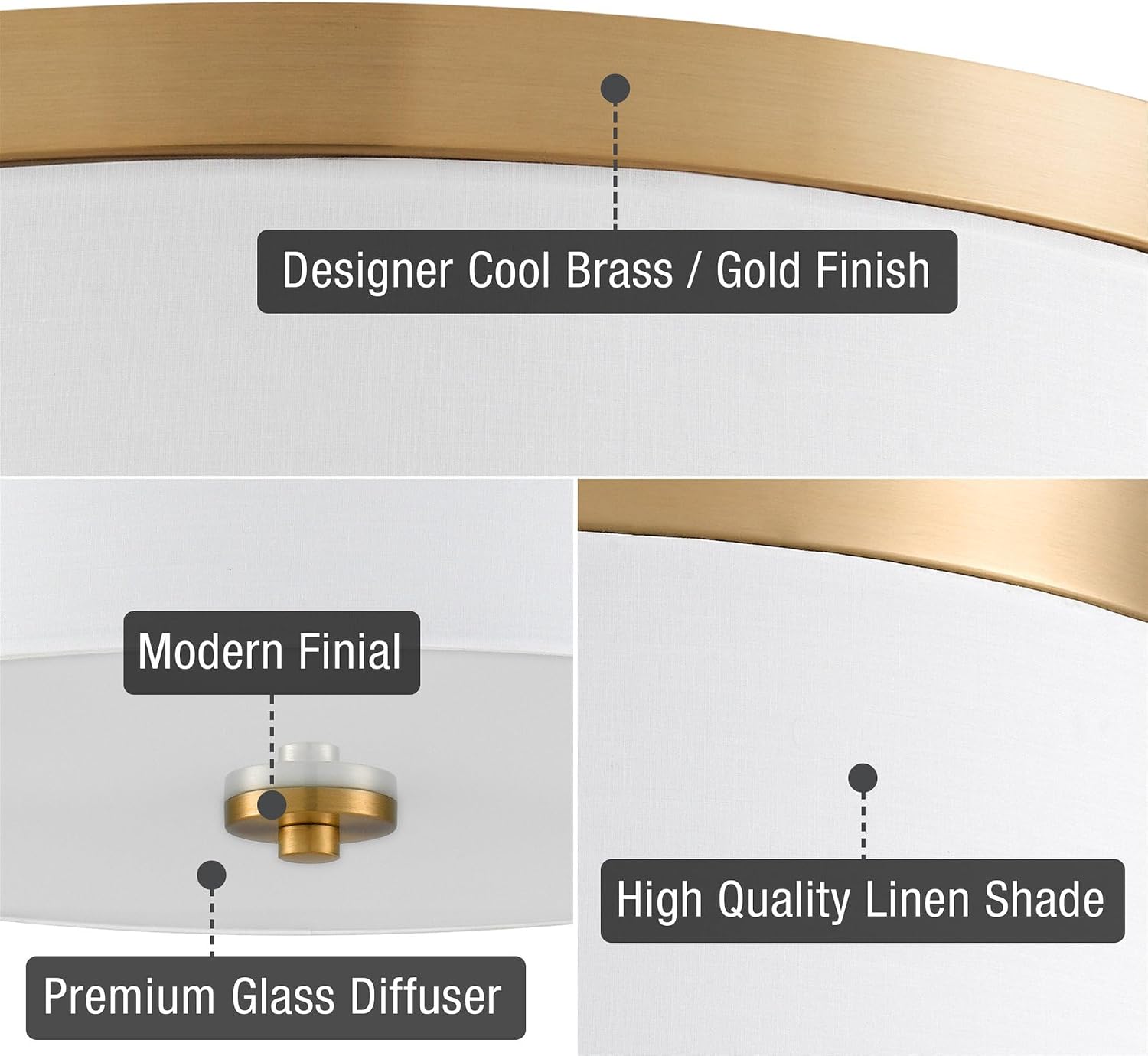 Kira Home Walker 20' Modern Drum Gold Flush Mount Ceiling Light, White Fabric Shade with Frosted Glass Diffuser, 3-Light Large Close to Ceiling Fixture, Cool Brass Finish