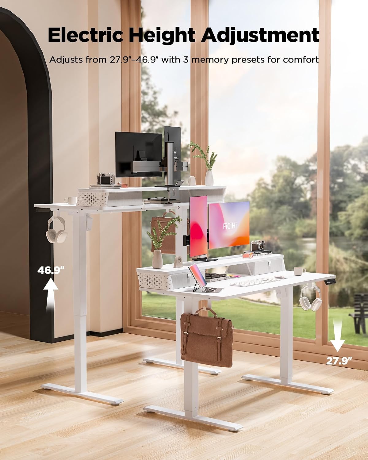 FiCiHi 40x24 Inch Standing Desk with Drawers, C-Clamp Mount Compatible, Electric Adjustable Height Computer Small Stand Up Desks, Home Office Sit Stand Table with 3 Preset Heights, White