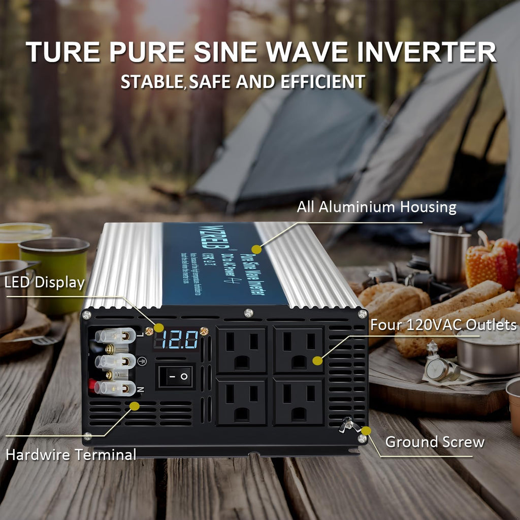 WZRELB 5000W Pure Sine Wave Inverter 12V DC to 110V 120V AC with LED Display,Remote Controller,Off-Grid Power Converter 10000W Surge with 4 AC Outlets, Hardwire Terminal for Home, RV, Truck, Camping
