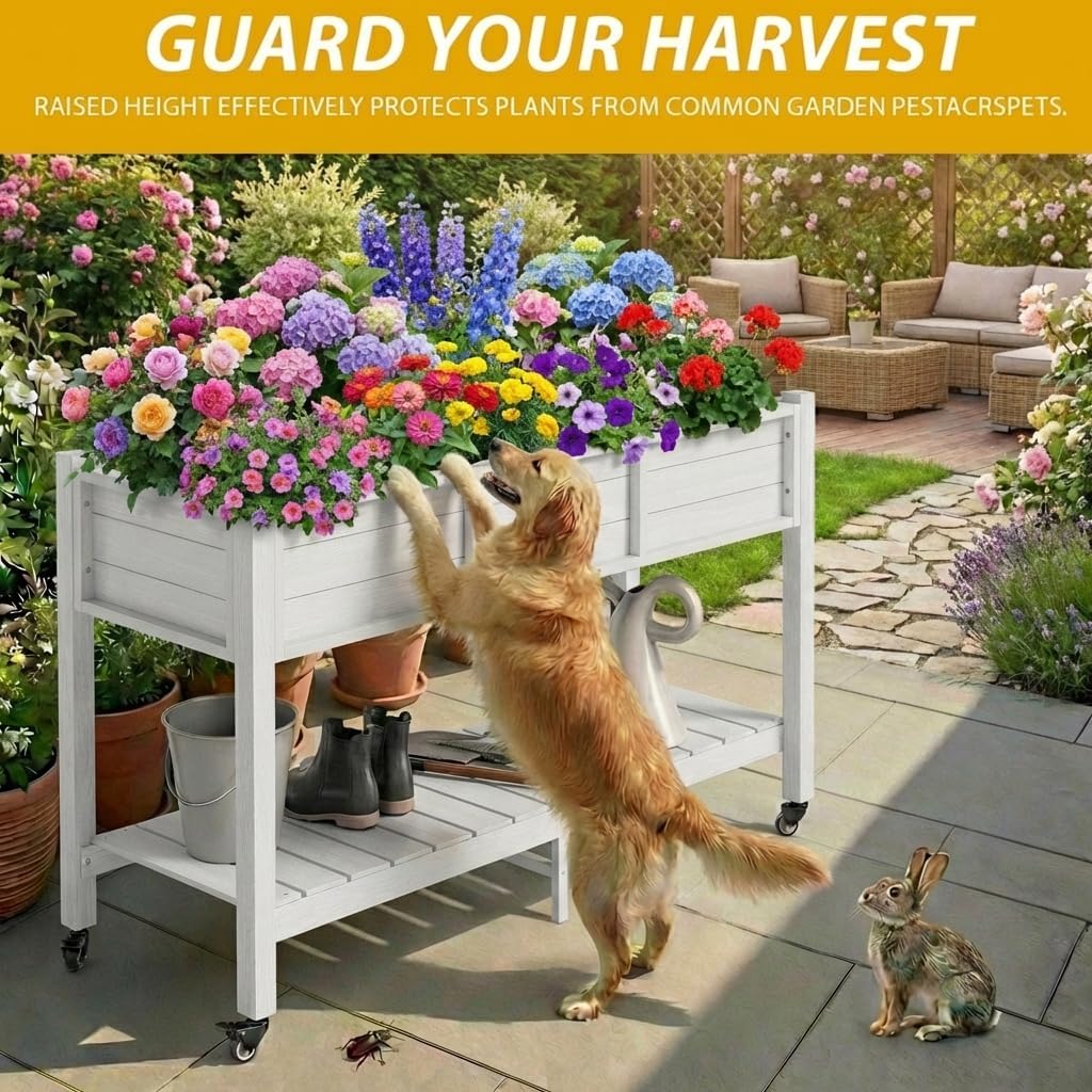 DWVO 47x18x3in Raised Garden Bed HDPE Outdoor with Legs and Lockable Wheels, Weather-Resistant Poly-Wood Elevated Planter Box, Double Tier Planters for Backyard Patio Balcony, White