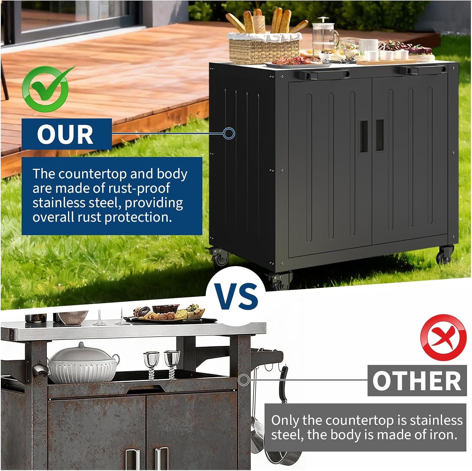 Garvee Grill Table, Outdoor Grill Cart Bar Cart with Storage Cabinet for Grilling Accessories, Outdoor Cooking Table, Made Entirely of Stainless Steel, for Kitchen Prep, Working Table, Lawn & Garden