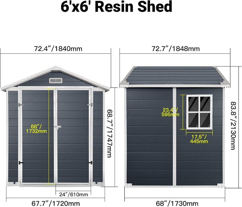 KEIKI 6x6 FT Plastic Outdoor Storage Shed, Outdoor Garden Shed with Floor & Lockable Door, Tool Shed for Backyard, Lawn, Cold Grey