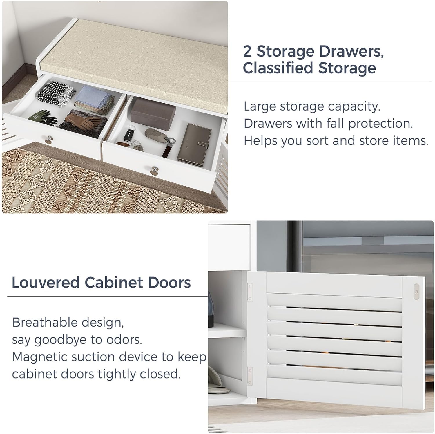 WARMHONIU Shoe Storage Bench with 2 Drawers, Entryway Bench with Cushion, Adjustable Shelves, Shoe Rack Bench with Louvered Doors for Entryway, Bedroom, Hallway, White