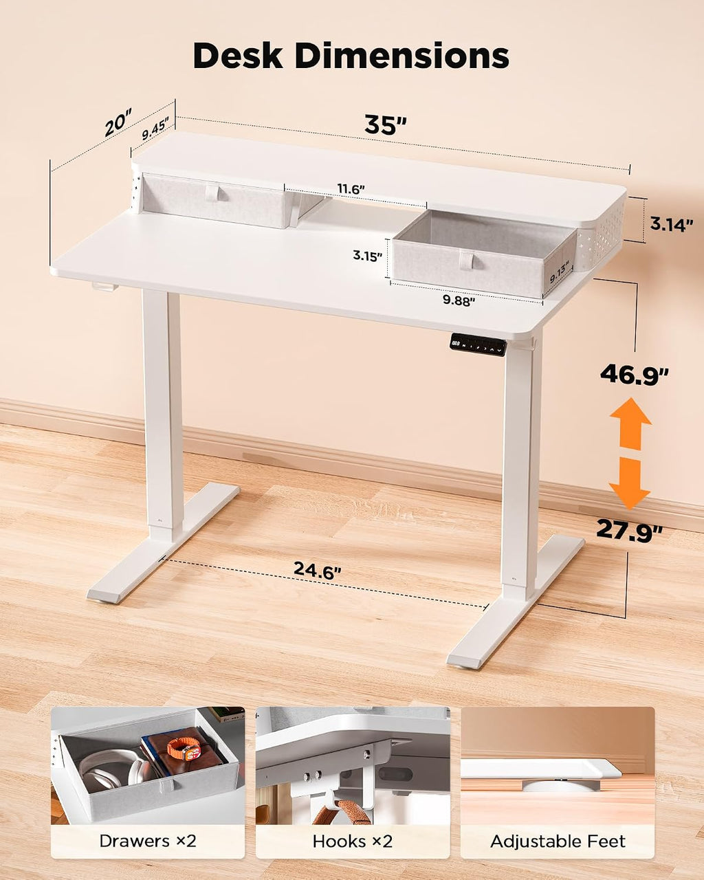 FiCiHi 35x20 Inch Standing Desk with Drawers, C-Clamp Mount Compatible, Electric Adjustable Height Computer Small Stand Up Desks, Home Office Sit Stand Table with 3 Preset Heights, White