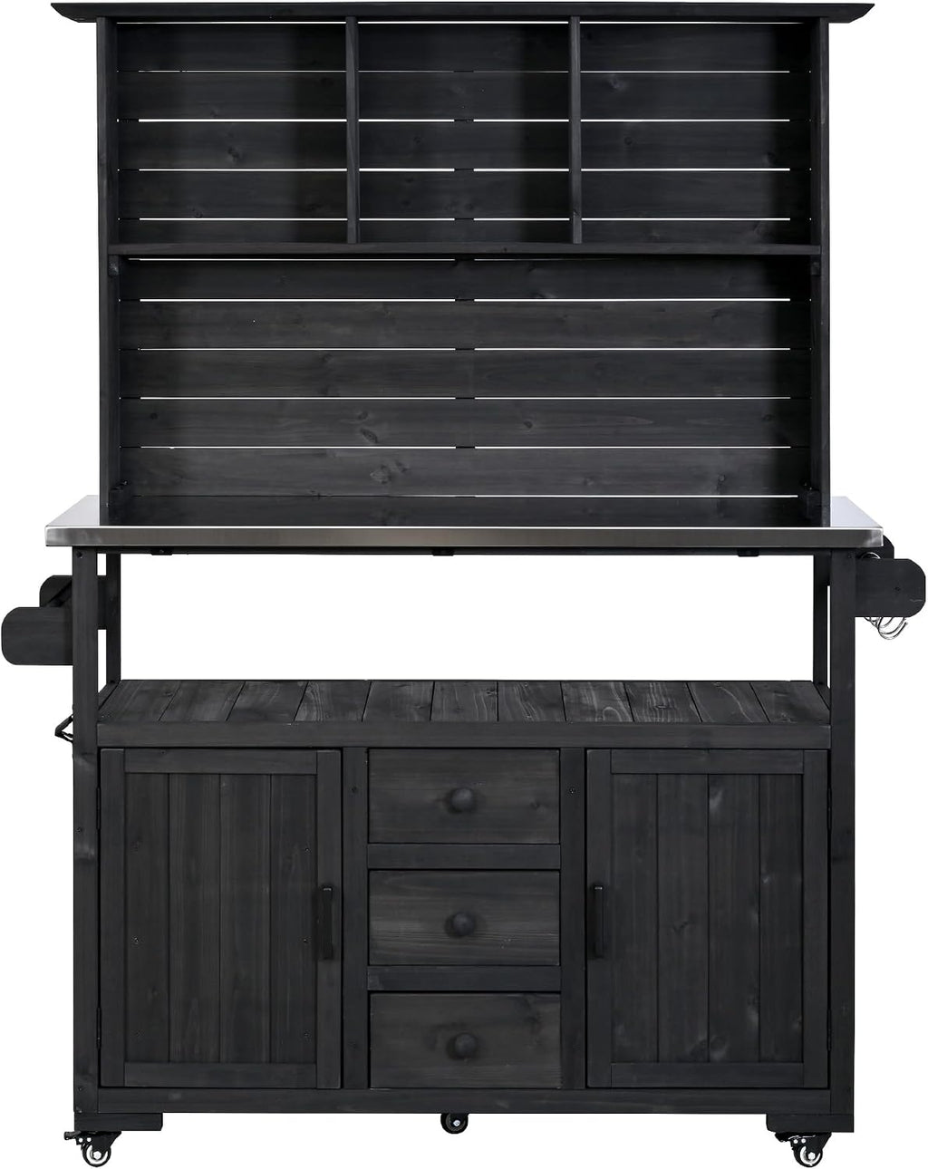65''H Large Garden Potting Bench, Solid Fir Wood Outdoor Kitchen Island with Lockable Wheels, Stainless Steel top, Drawers, Shelf and Cabinets, Door Shelves and Hutch for Grilling (Black-113)