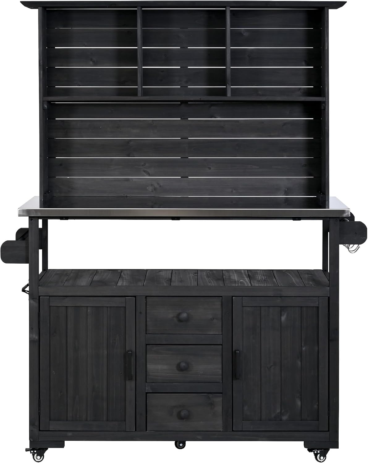 65''H Large Garden Potting Bench, Solid Fir Wood Outdoor Kitchen Island with Lockable Wheels, Stainless Steel top, Drawers, Shelf and Cabinets, Door Shelves and Hutch for Grilling (Black-113)