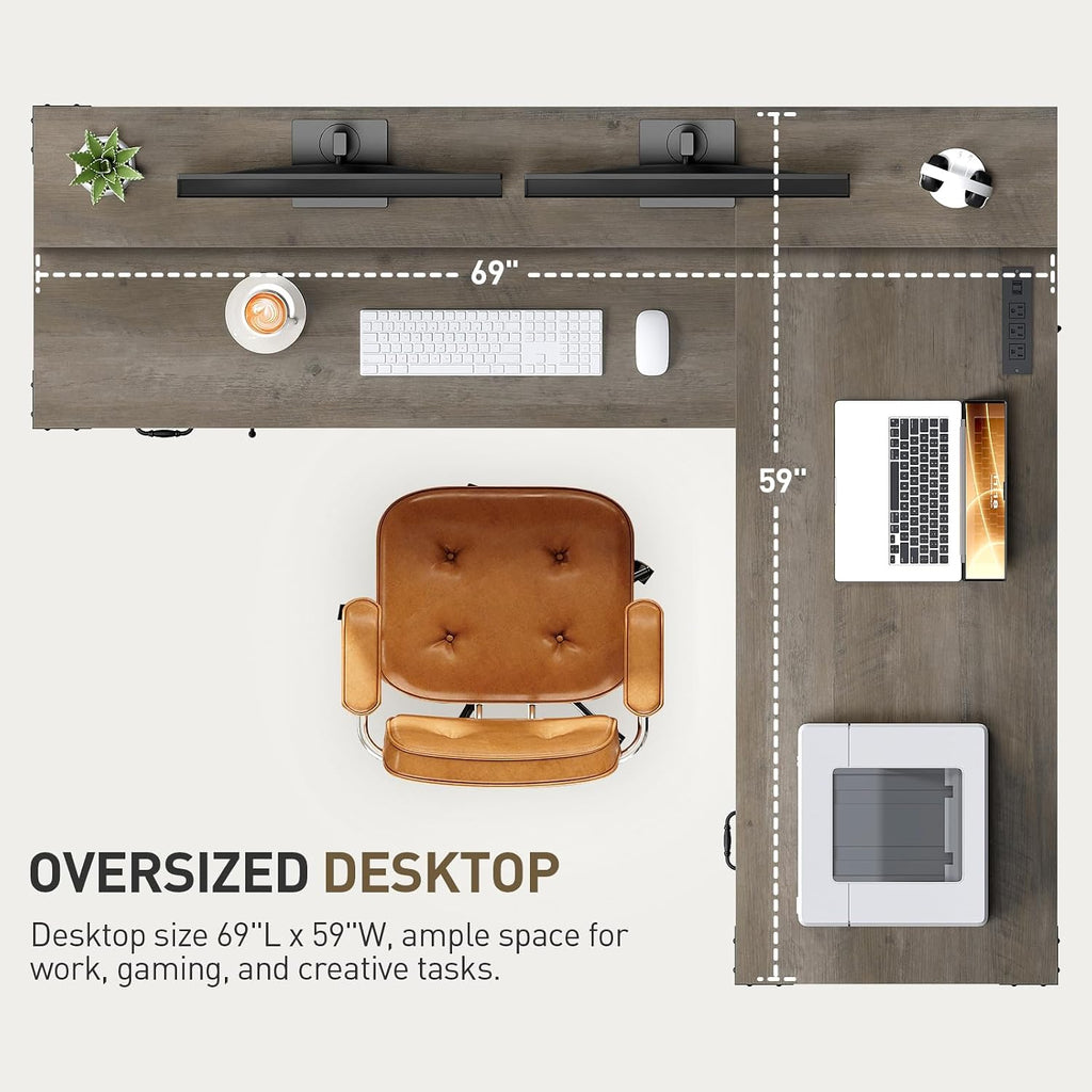 RALGEND Farmhouse 69' Executive L Shaped Desk with Drawer, Home Office Desk with Charging Station, Corner Computer Desk with Monitor Stand, File Drawer, Storage Cabinet, Greige