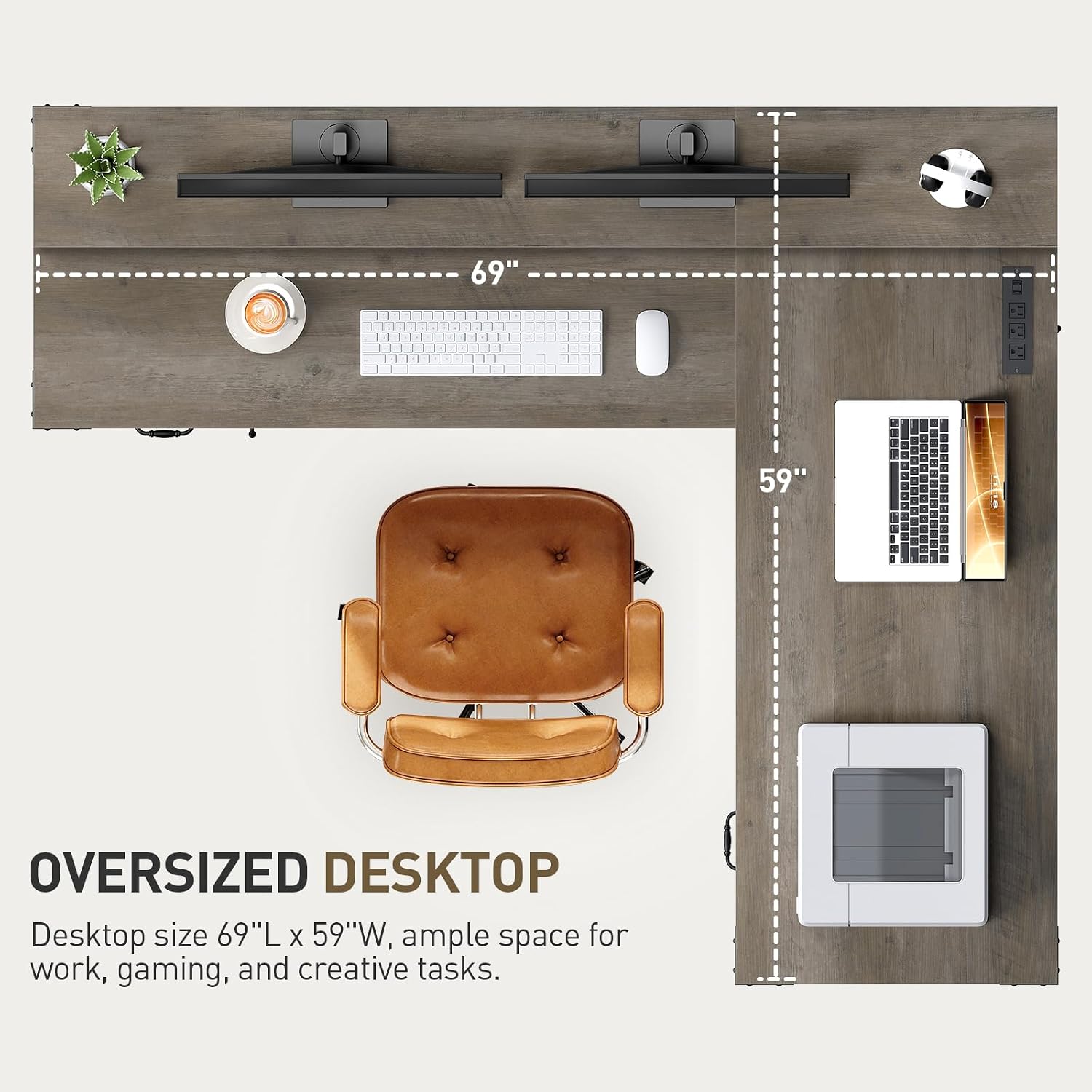 RALGEND Farmhouse 69' Executive L Shaped Desk with Drawer, Home Office Desk with Charging Station, Corner Computer Desk with Monitor Stand, File Drawer, Storage Cabinet, Greige