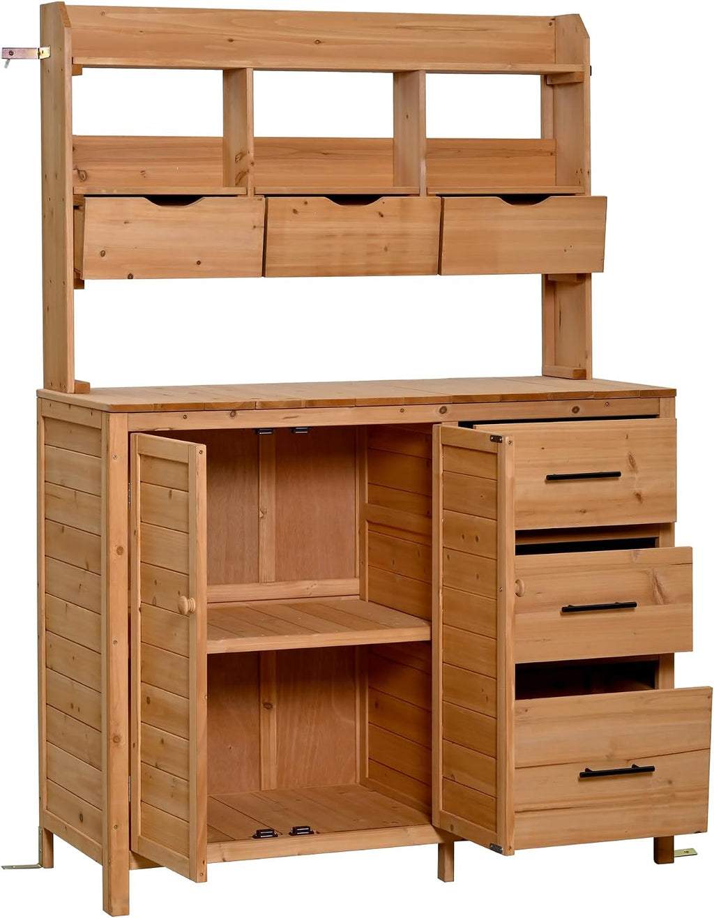 65' H Large Patio Potting Bench, Farmhouse Garden Workstation with 6 Drawers, Bottom Cabinet and Side Hook, Adjustable Shelf, Fir Wood Frame Outdoor Kitchen Island (Natural Wood/101)