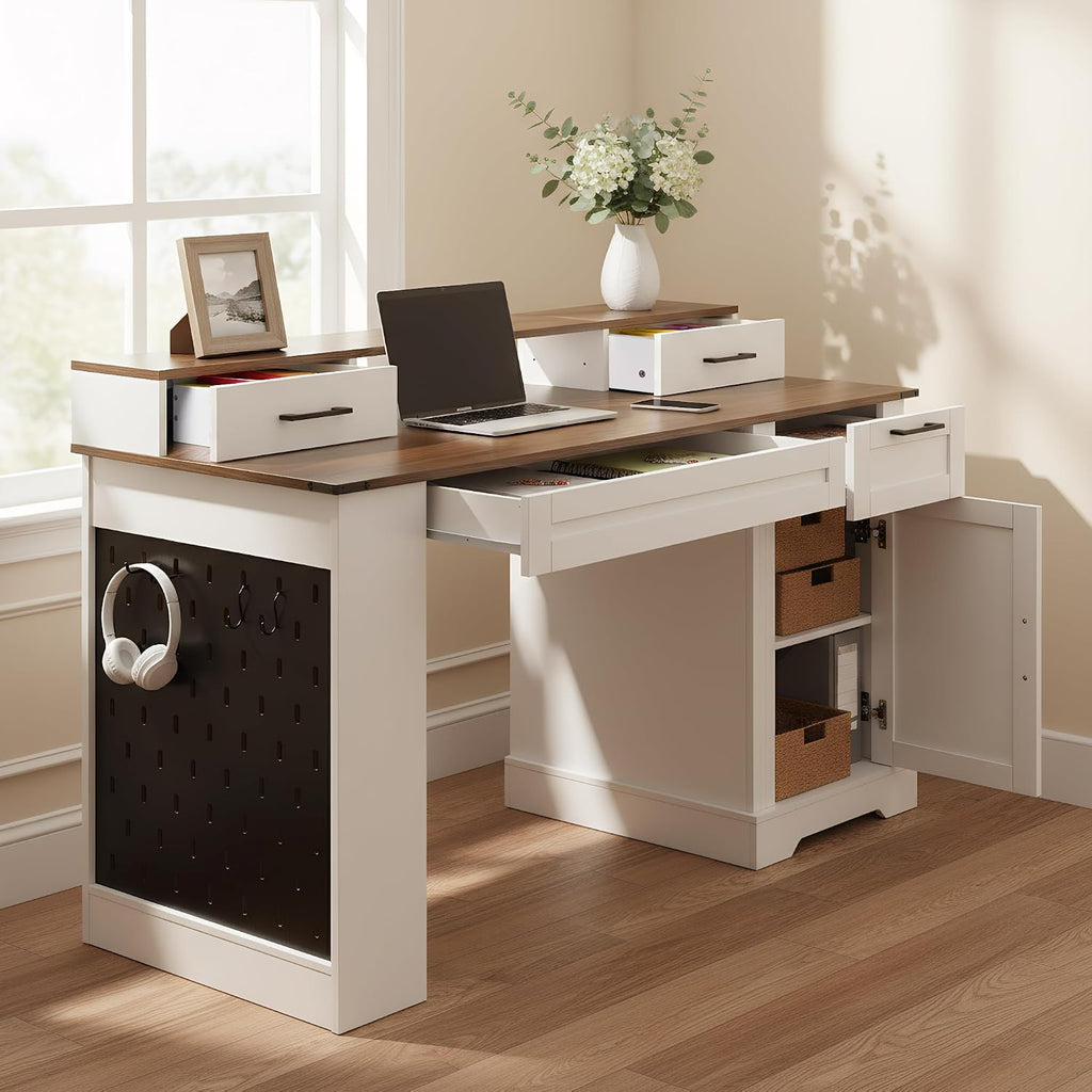 RiteSune 55' Farmhouse Computer Desk with Power Outlets, Removable Monitor Stand with Drawers, Keyboard Tray & Storage Cabinet, Home Office Writing Desk with Pegboard Organizer