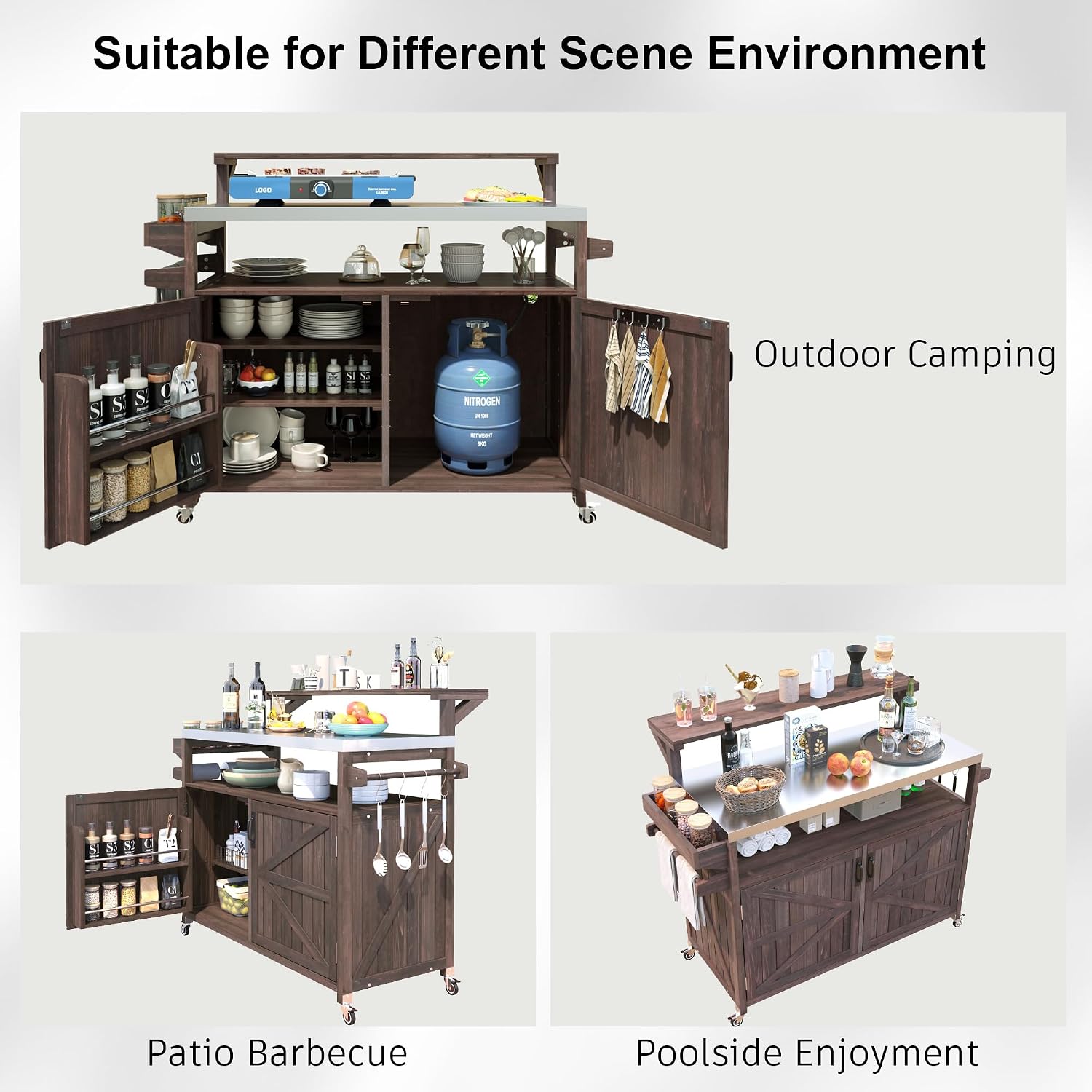 Harper & Bright Designs Grill Cart with Storage Cabinet, Outdoor Kitchen Island with Stainless Steel Top & Raised Shelf, Rolling Grill Cart with Spice Rack & Adjustable Shelf,Brown