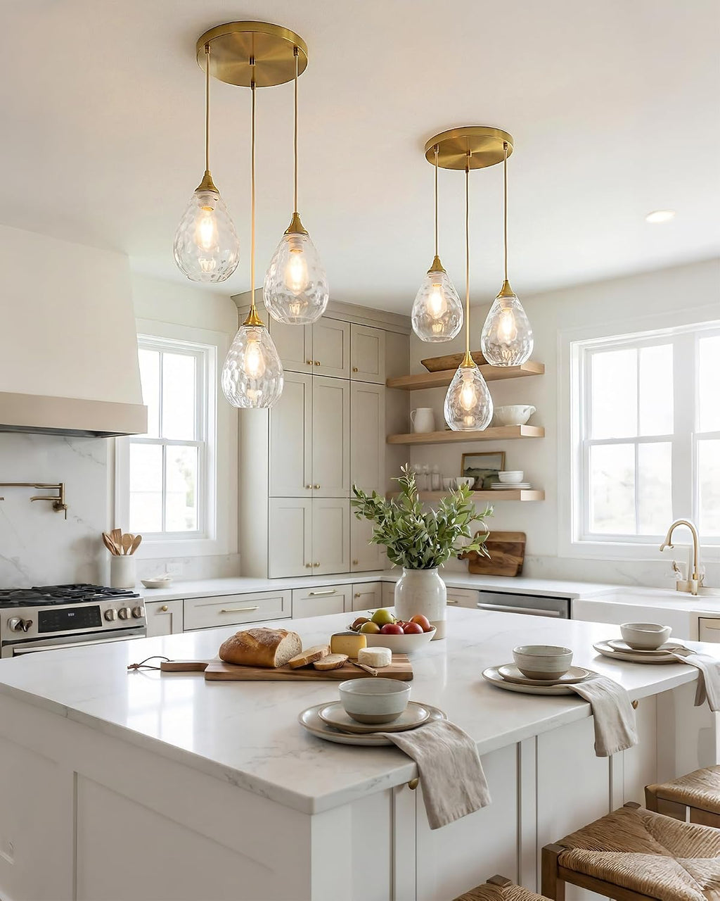 Brushed Gold 3-Light Pendant Lighting, Modern Dining Room Light Fixture Over Table with Hammered Glass, Cluster Hanging Lights for Kitchen Island Dining Room