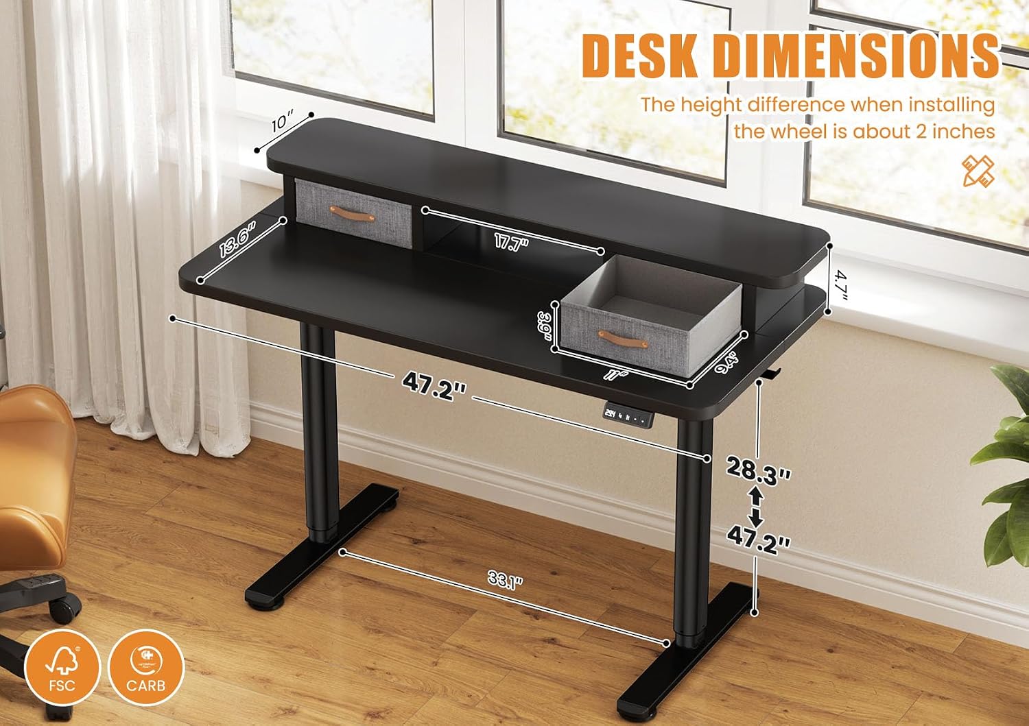 Flycity Electric Standing Desk with Dual Drawers, 48' x 24' Height Adjustable Desk Sit Stand Desk with Memory Controller, Casters & 2 Hooks, Low Noise Home Office Desk, Black
