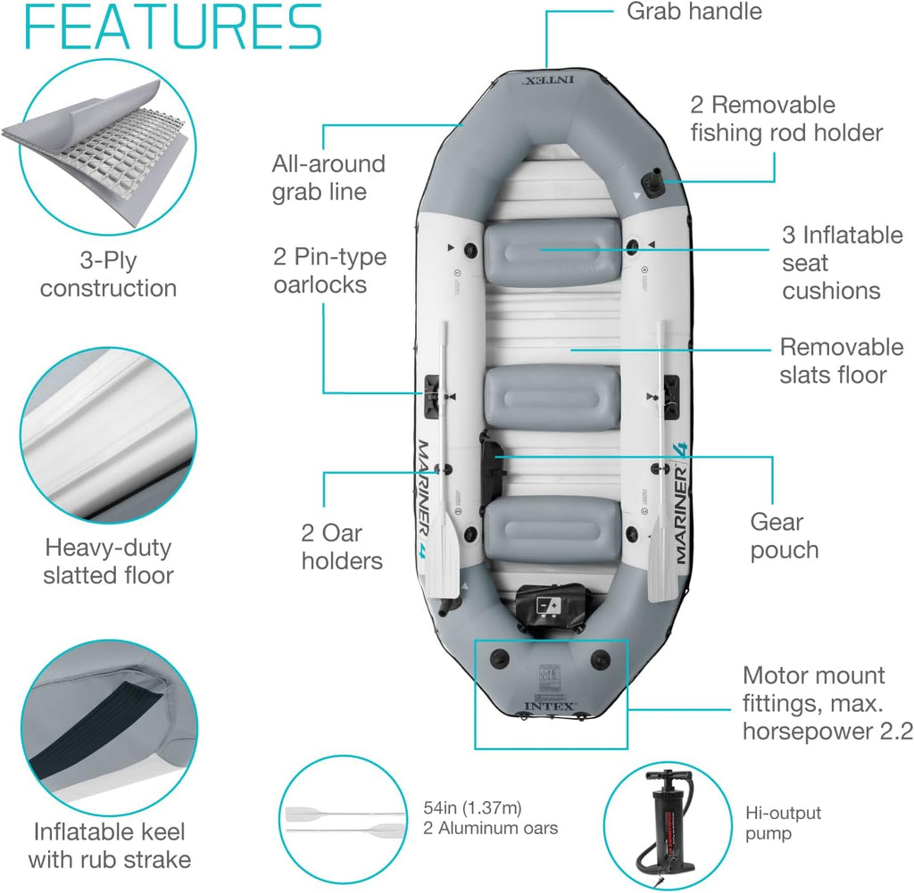 INTEX Mariner Inflatable Boat Series: Includes Deluxe Boat Oars and High-Output Pump – SuperTough PVC – Wear-Resistant Keel – Removable Fishing Rod Holders – Heavy Duty Grab Handle