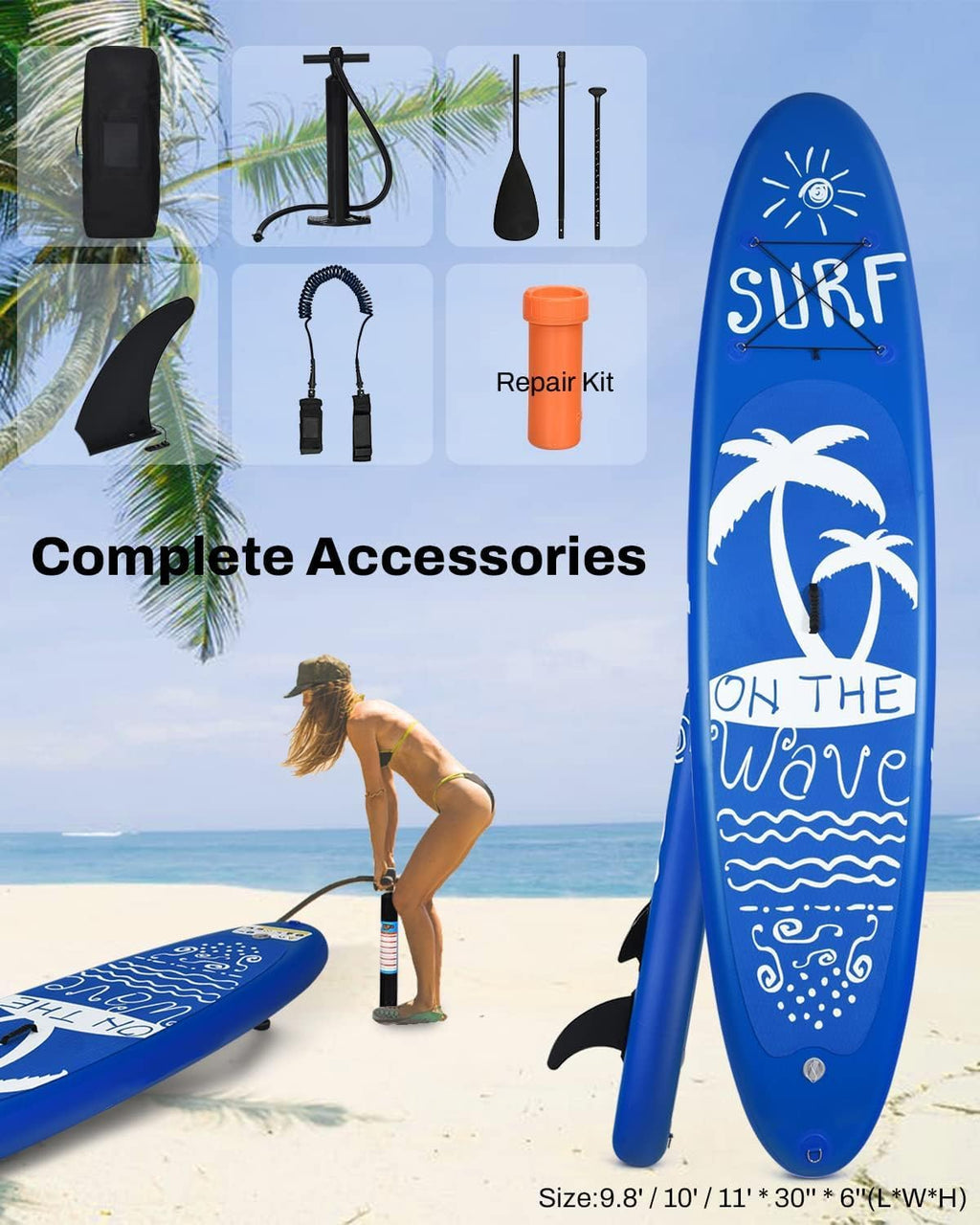 MEDIMALL 117'' x 30'' x 6'' SURF Pattern Inflatable Upright Paddle Board, Lightweight, with SUP Accessories, Detachable Fins, Paddle Board, Pump, Belt, and Handbag, Suitable for Adults and Teenagers