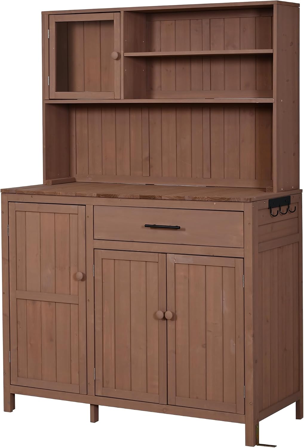 65' H Potting Bench with Hutch, Solid Fir Wood Patio Kitchen Island with Adjustable Shelves, 2-Tier Inner Spice Rack in Door, Side Hook and Drawer, Large Countertop, Magnetic Stoppers (Brown-115)