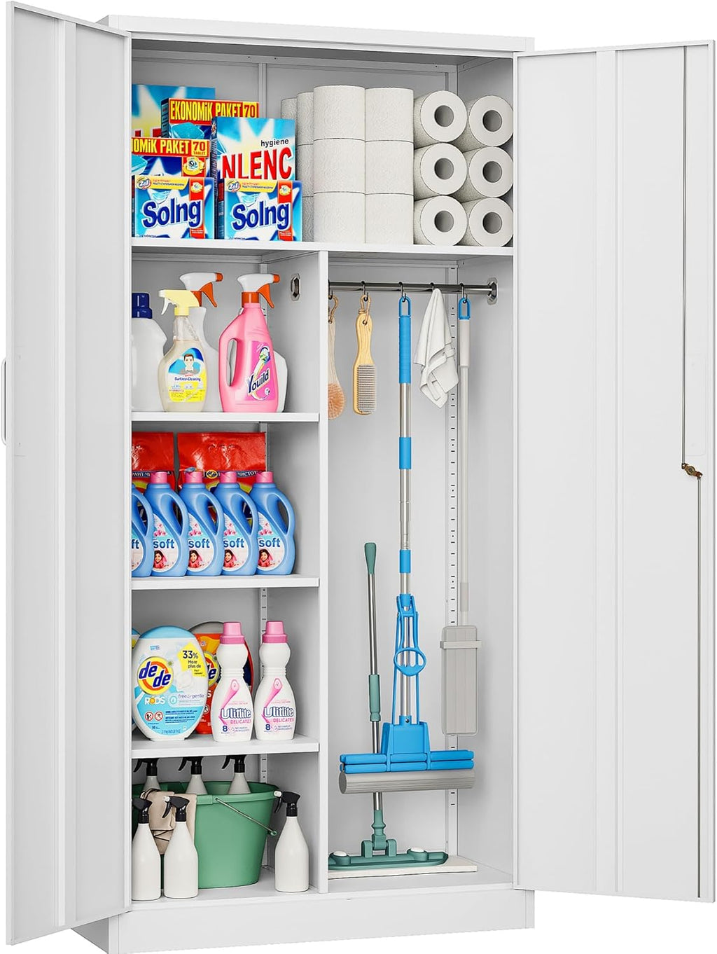 Wide & Deep Metal Storage Cabinet with Hanging Rod,White Broom Closet Storage Cabinet with Lock,72' Tall Wardrobe Cabinets with Doors and Shelves,Locking Steel Tool Cabinets for Home,Office,Garage