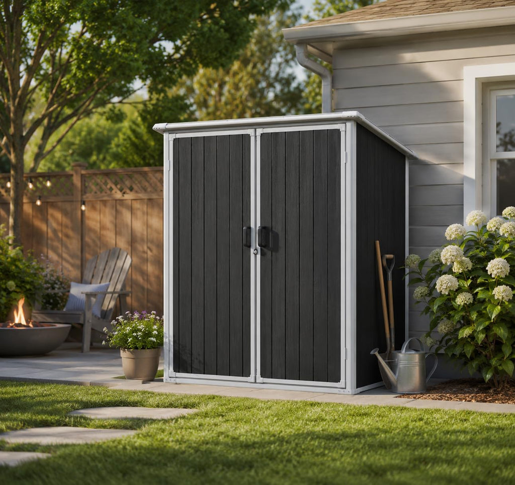 JT 5x3 FT Outdoor Storage Shed, Resin Garden Shed with Floor and Lockable Door, Waterproof Plastic Sheds for Backyard, Patio, Lawn Tools (Black)