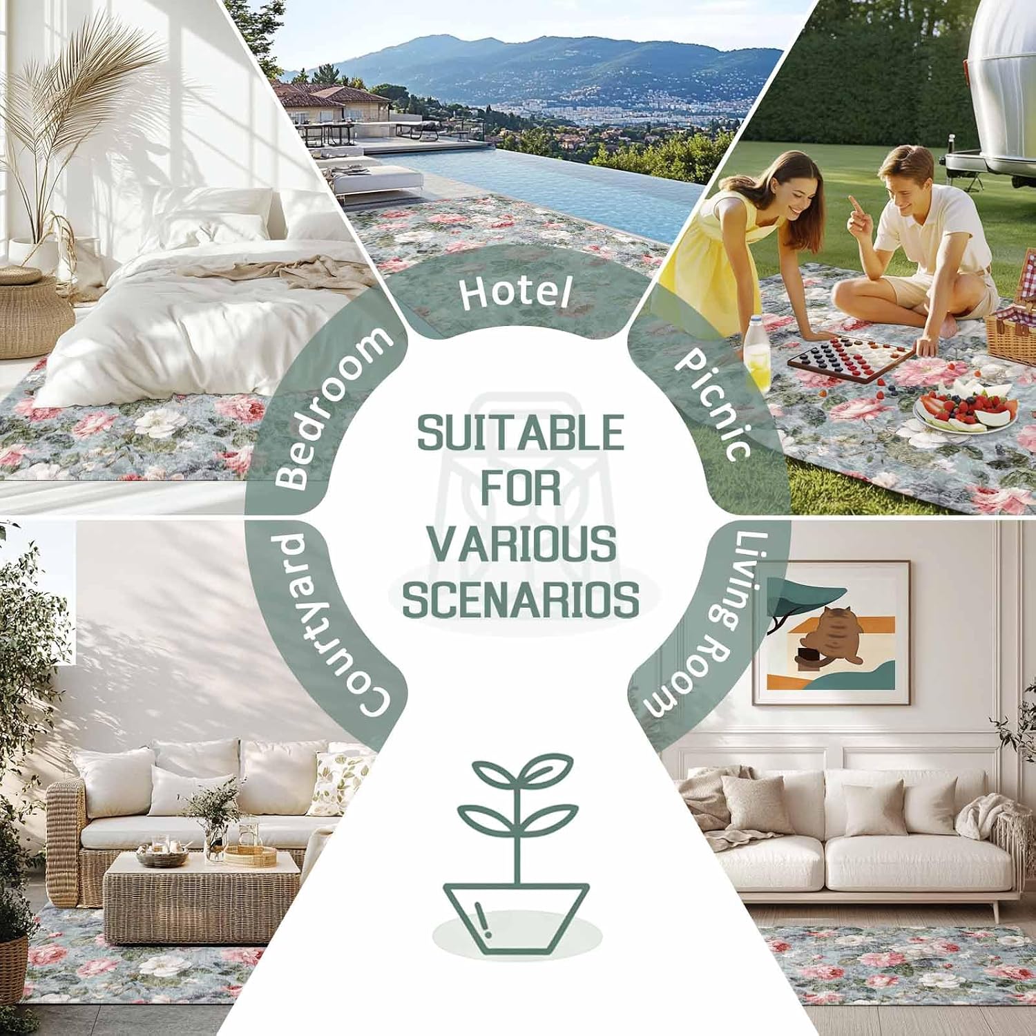 Vintage Spring Floral Outdoor Rug for Patio/Deck/Porch, Non-Slip Large Area Rug 6 x 9 Ft, Summer Botanical Watercolor Indoor Outdoor Rugs Washable Area Rugs, Reversible Camping Rug Carpet Runner