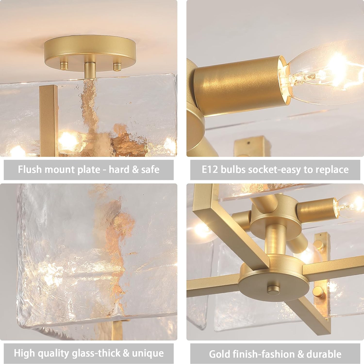 Gold Flush Mount Ceiling Light, 4-Light Brass Vintage Semi Flush Mount Hallway Foyer light fixture, Modern Glass Square Close to Ceiling Light for Kitchen, Dining Room, Bedroom, Bathroom, Entryway