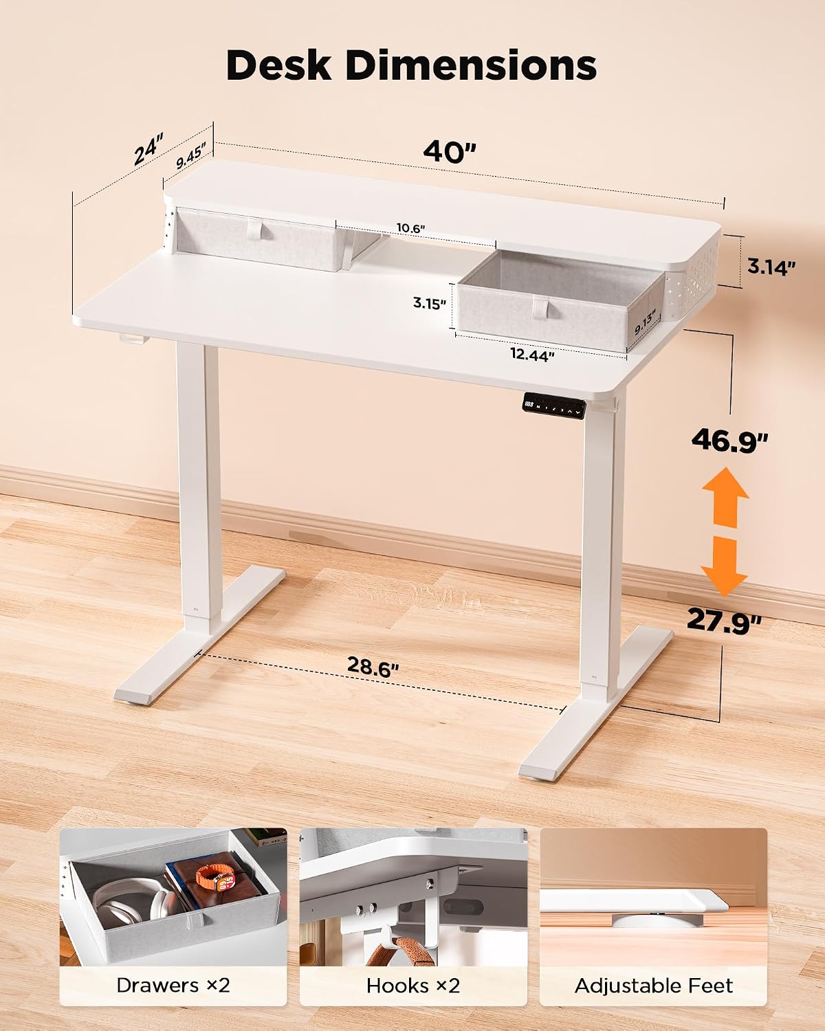 FiCiHi 40x24 Inch Standing Desk with Drawers, C-Clamp Mount Compatible, Electric Adjustable Height Computer Small Stand Up Desks, Home Office Sit Stand Table with 3 Preset Heights, White