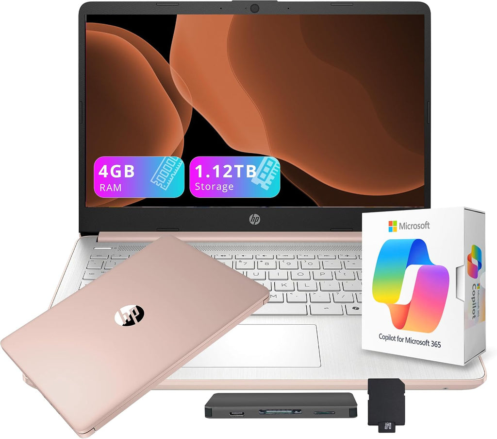 HP Stream 14' HD Student&Business Laptop with AI Copilot, Intel Processor N150, 4GB RAM, 1.12TB Storage (128GB UFS + 1TB Docking Station), 1 Year Office 365, Intel Graphics, Win 11, Pale Rose Gold