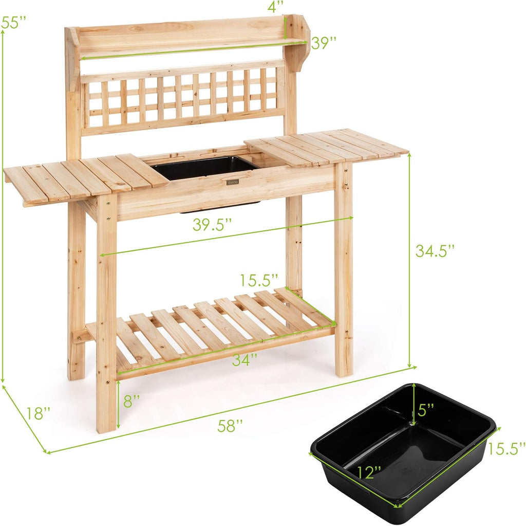 Giantex Garden Potting Bench, Outdoor Wood Work Table w/Sliding Tabletop, Planter Bench Work Station w/Removable Sink & Storage Shelves for Backyard Patio Balcony, Natural